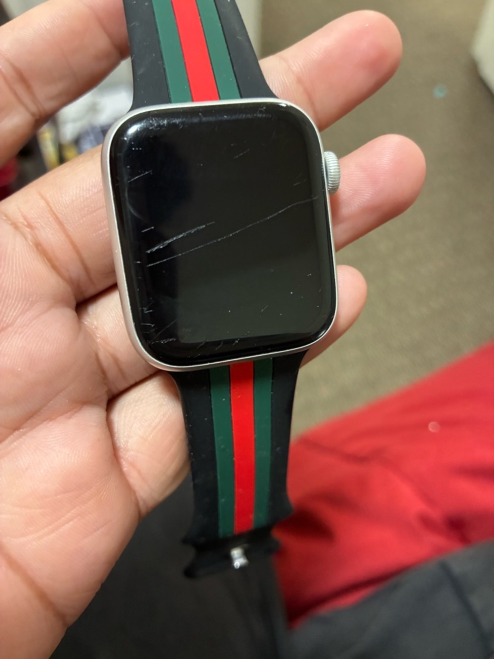 Stylish Black Watch Band with Red & Green Stripes